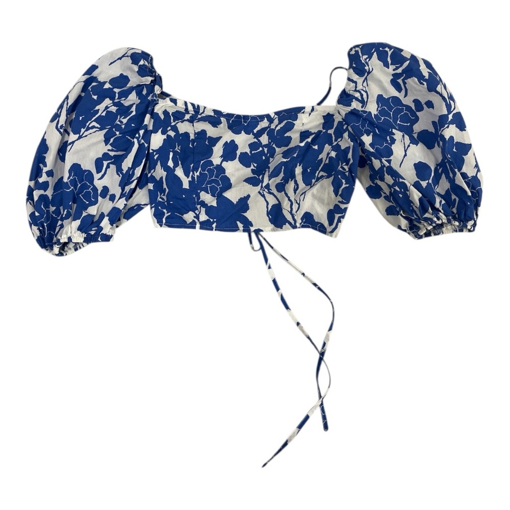 SHEIN Blue and White Crop Blouse with Puffed Sleeves